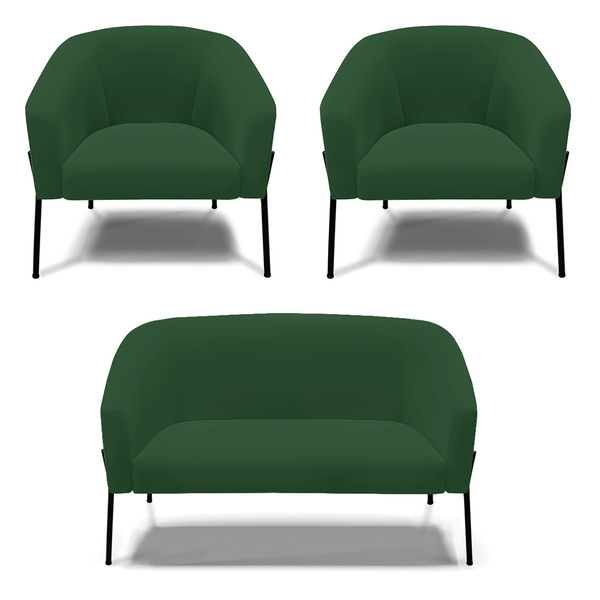 Sofá Namoradeira E 2 Poltronas Pé De Ferro Preto Stella Velud