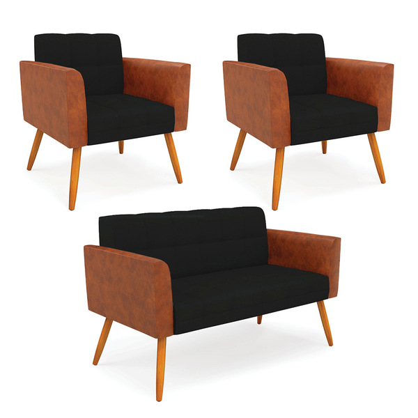 Sofá Namoradeira E 2 Poltronas Pés Palito Castanho Elisa Noze