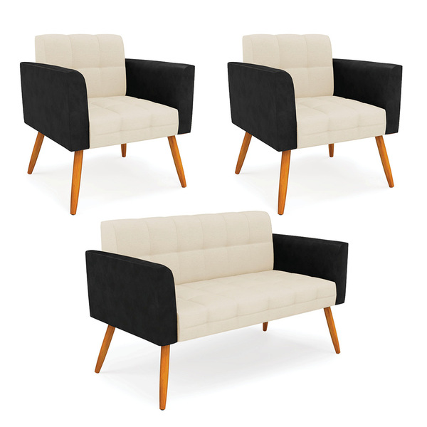 Sofá Namoradeira E 2 Poltronas Pés Palito Castanho Elisa Pret