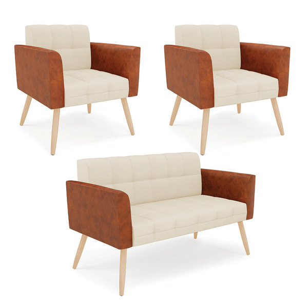 Sofá Namoradeira E 2 Poltronas Pés Palito Natural Elisa Nozes