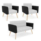 Sofá Namoradeira E 2 Poltronas Pés Palito Natural Elisa Preto