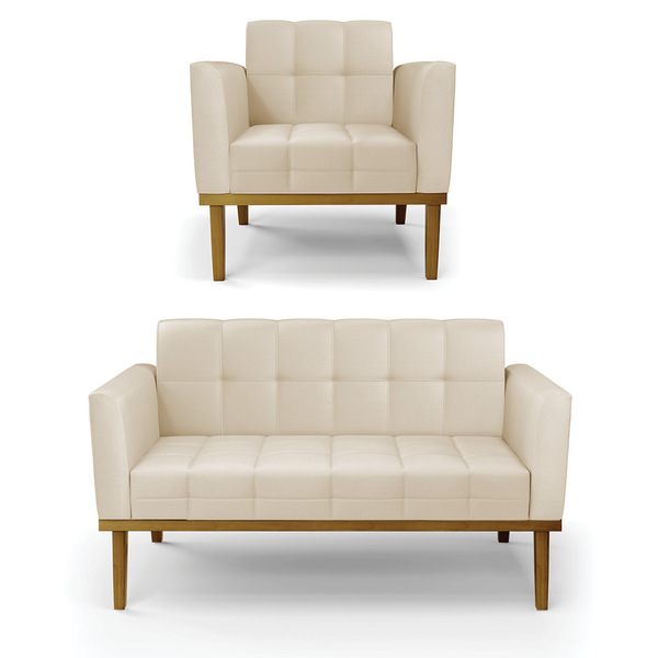 Sofá Namoradeira E Poltrona Base De Madeira Castanho Elisa Co