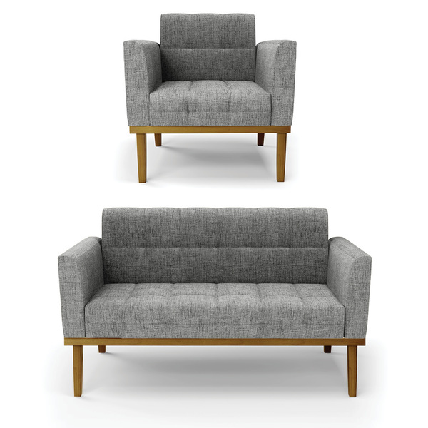 Sofá Namoradeira E Poltrona Base De Madeira Castanho Elisa Li