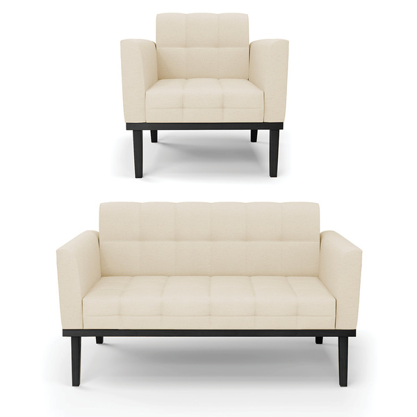 Sofá Namoradeira E Poltrona Base De Madeira Preto Elisa Linho