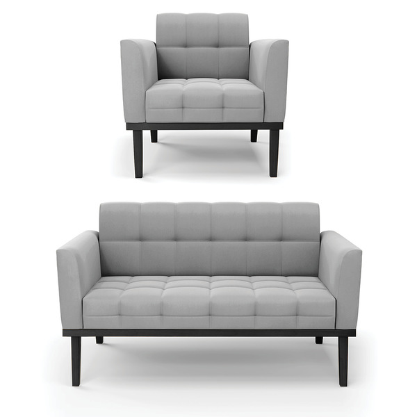 Sofá Namoradeira E Poltrona Base De Madeira Preto Elisa Suede