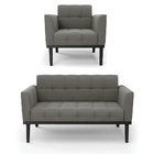 Sofá Namoradeira E Poltrona Base De Madeira Preto Elisa Suede