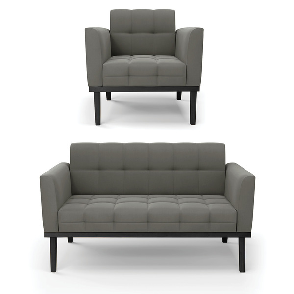 Sofá Namoradeira E Poltrona Base De Madeira Preto Elisa Suede