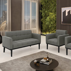 Sofá Namoradeira E Poltrona Base De Madeira Preto Elisa Suede