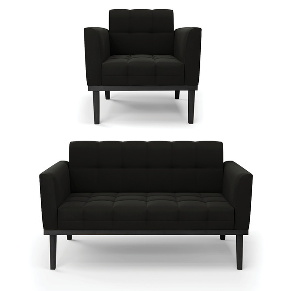 Sofá Namoradeira E Poltrona Base De Madeira Preto Elisa Suede