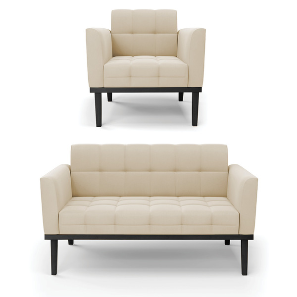 Sofá Namoradeira E Poltrona Base De Madeira Preto Elisa Suede