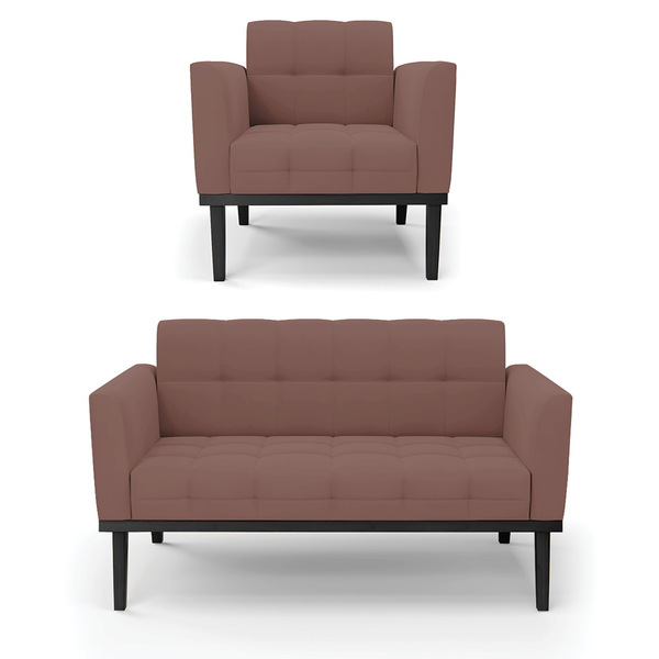 Sofá Namoradeira E Poltrona Base De Madeira Preto Elisa Velud