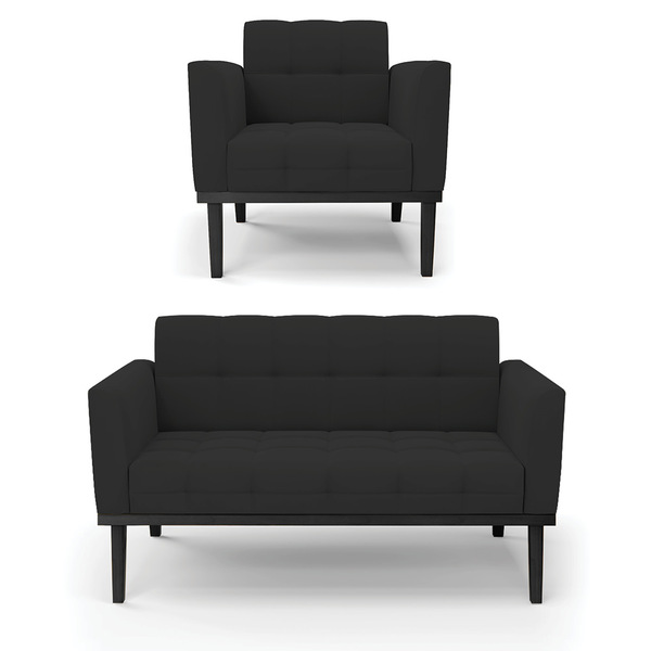Sofá Namoradeira E Poltrona Base De Madeira Preto Elisa Velud