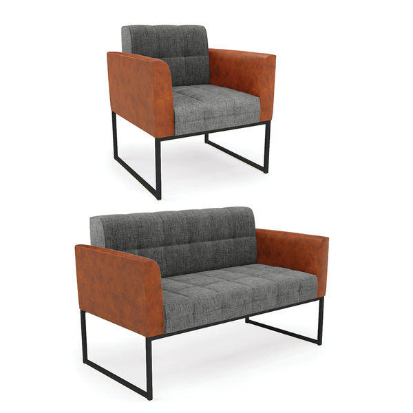 Sofá Namoradeira E Poltrona Base Industrial Preto Elisa Nozes