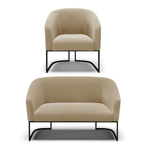 Sofá Namoradeira E Poltrona Base Industrial Preto Stella Sued