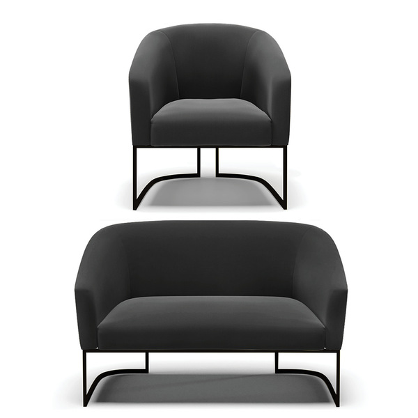 Sofá Namoradeira E Poltrona Base Industrial Preto Stella Sued