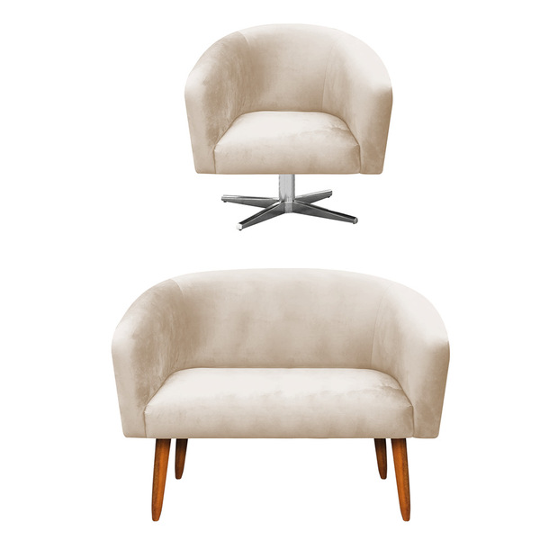 Sofá Namoradeira E Poltrona Giratória Cromada Stella Suede Be