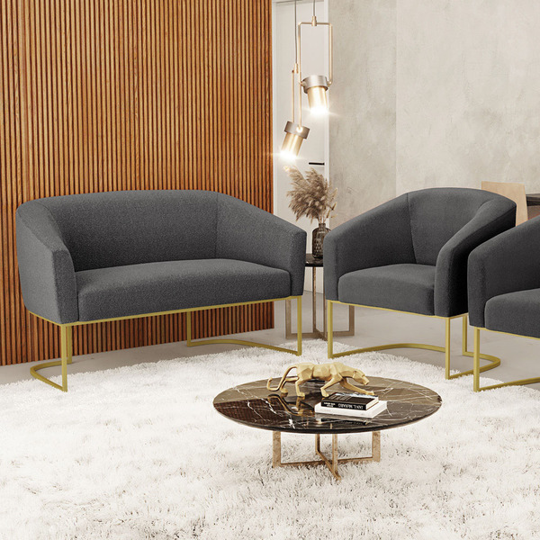 Sofá Namoradeira E Poltrona Industrial Dourado Stella Bouclê