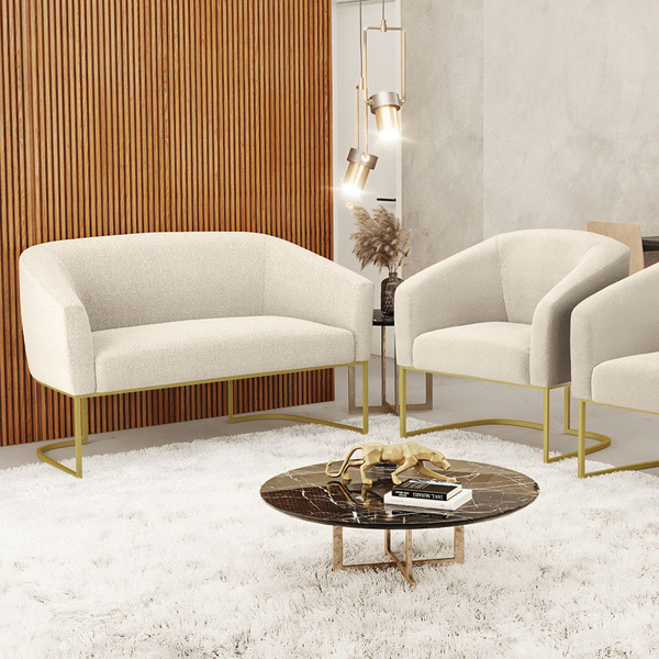 Sofá Namoradeira E Poltrona Industrial Dourado Stella Bouclê