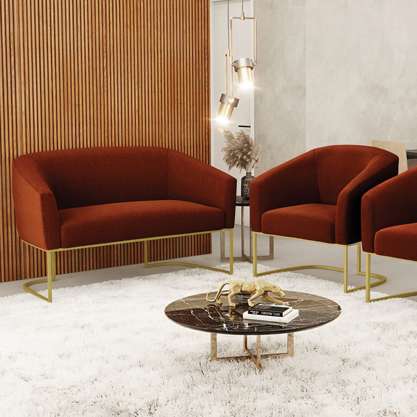 Sofá Namoradeira E Poltrona Industrial Dourado Stella Bouclê