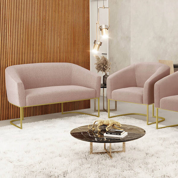 Sofá Namoradeira E Poltrona Industrial Dourado Stella Bouclê