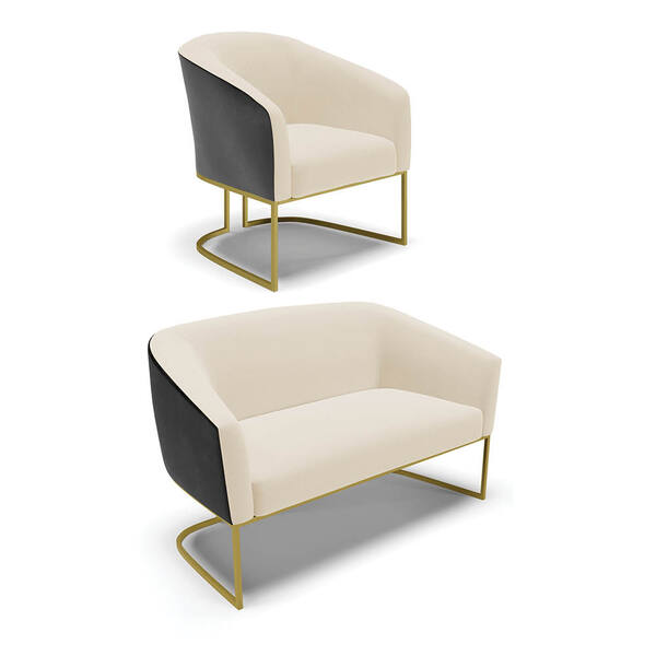 Sofá Namoradeira E Poltrona Industrial Dourado Stella Pto/lin