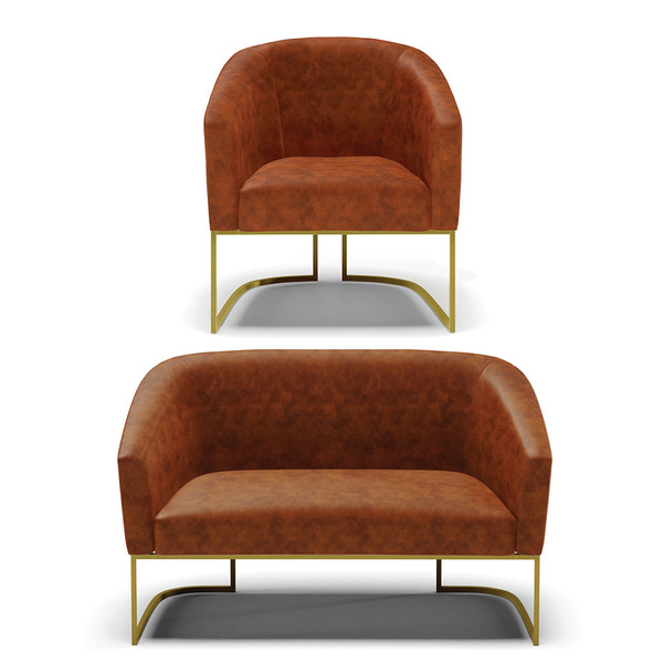 Sofá Namoradeira E Poltrona Industrial Dourado Stella Sint Pu