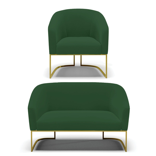 Sofá Namoradeira E Poltrona Industrial Dourado Stella Veludo