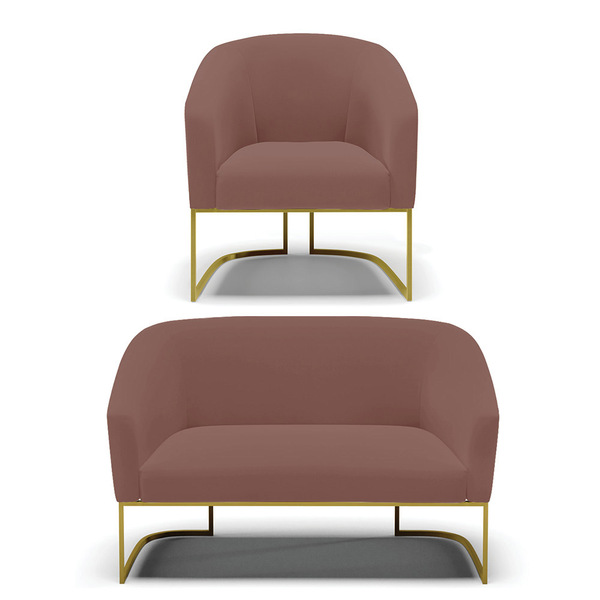 Sofá Namoradeira E Poltrona Industrial Dourado Stella Veludo