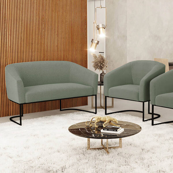 Sofá Namoradeira E Poltrona Industrial Preto Stella Bouclê D0