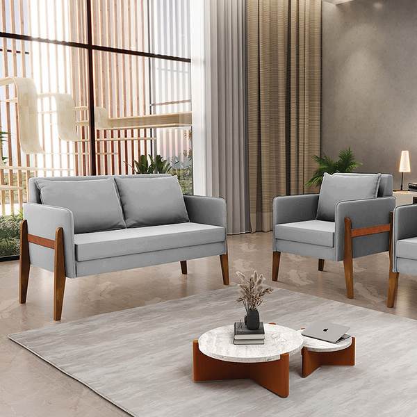 Sofá Namoradeira E Poltrona Lana Suede Cinza Base Madeira D03