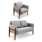 Sofá Namoradeira E Poltrona Lana Suede Cinza Base Madeira D03