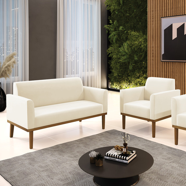 Sofá Namoradeira E Poltrona Marisa Base Madeira Castanho Velu