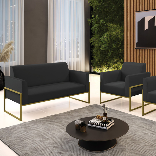 Sofá Namoradeira E Poltrona Marisa Industrial Alta Dourada Si