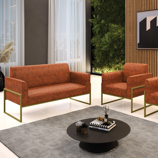 Sofá Namoradeira E Poltrona Marisa Industrial Alta Dourada Si