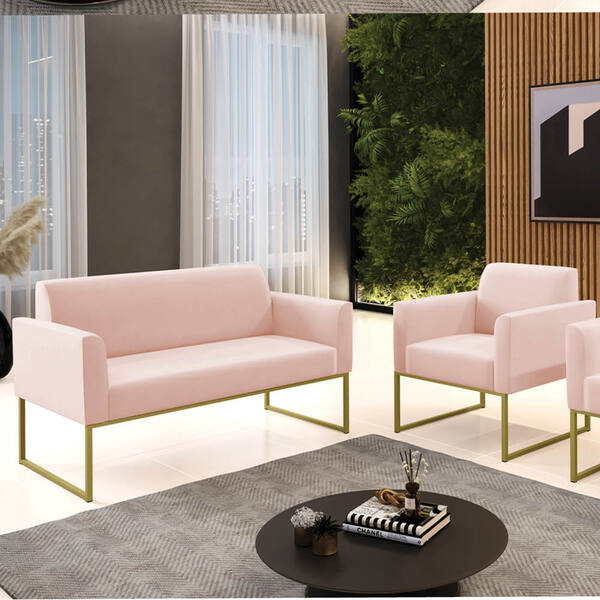Sofá Namoradeira E Poltrona Marisa Industrial Dourado Veludo