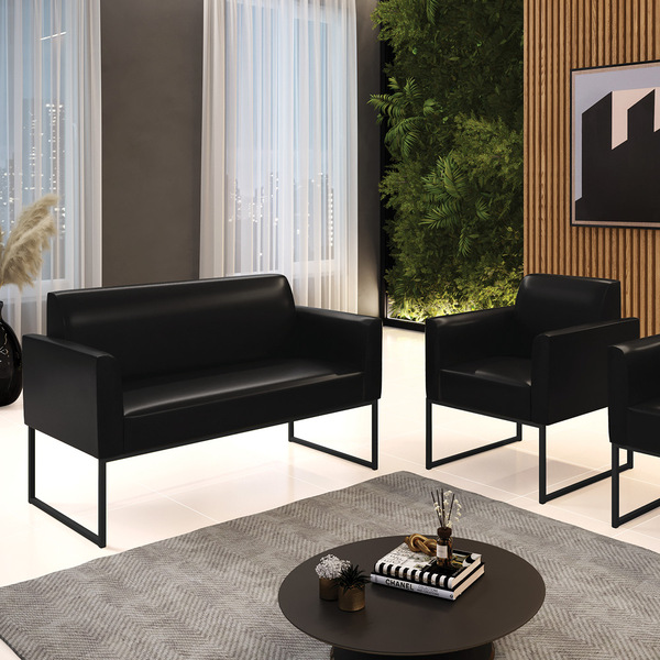 Sofá Namoradeira E Poltrona Marisa Industrial Preto Sintético