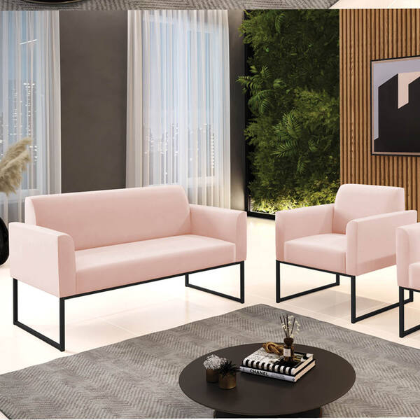 Sofá Namoradeira E Poltrona Marisa Industrial Preto Veludo D0