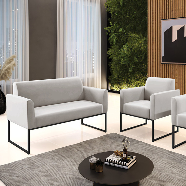 Sofá Namoradeira E Poltrona Marisa Industrial Preto Veludo D0