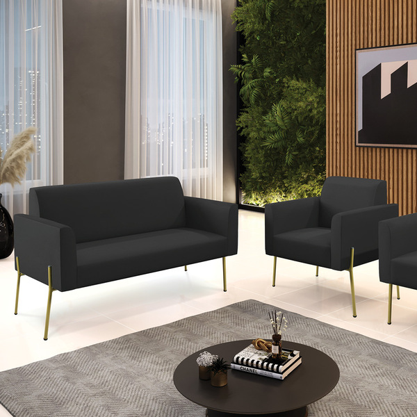 Sofá Namoradeira E Poltrona Marisa Pé Aço Dourado Sintético D