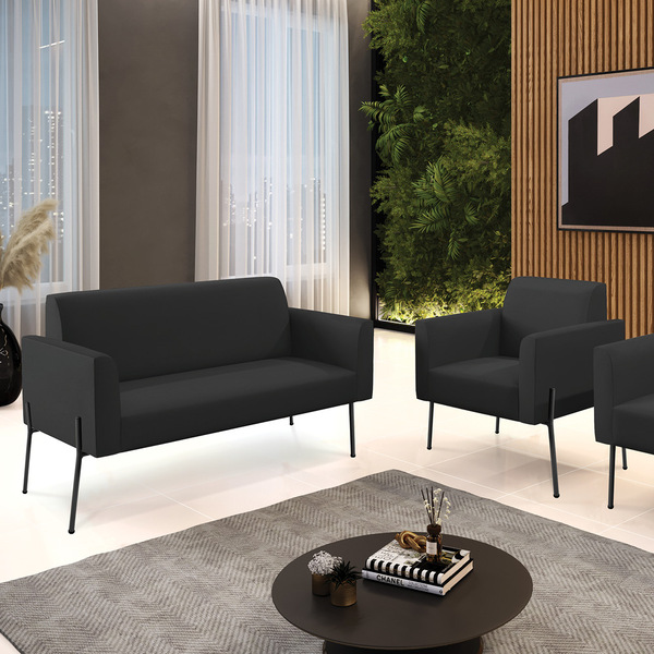 Sofá Namoradeira E Poltrona Marisa Pé Aço Preto Sintético D03
