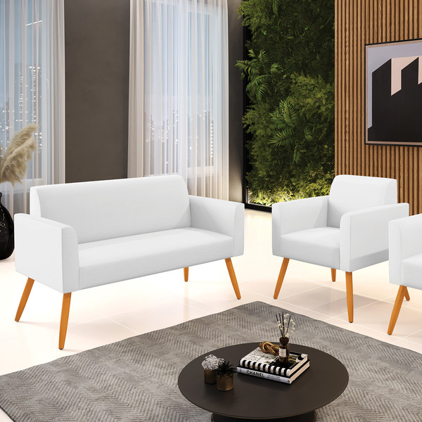 Sofá Namoradeira E Poltrona Marisa Pé Palito Castanho Sintéti