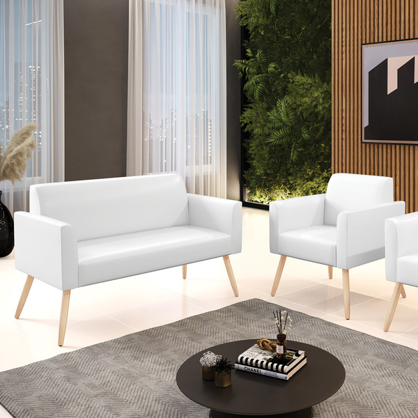 Sofá Namoradeira E Poltrona Marisa Pé Palito Natural Sintétic