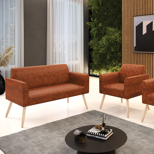 Sofá Namoradeira E Poltrona Marisa Pé Palito Natural Sintétic