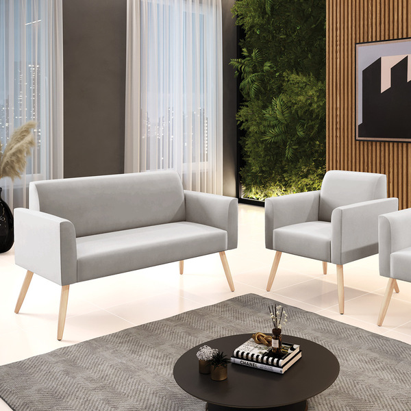 Sofá Namoradeira E Poltrona Marisa Pé Palito Natural Veludo D