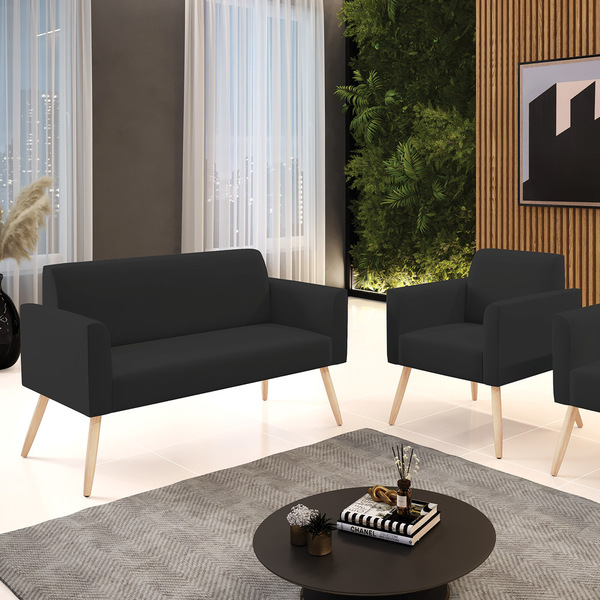 Sofá Namoradeira E Poltrona Marisa Pé Palito Natural Veludo D