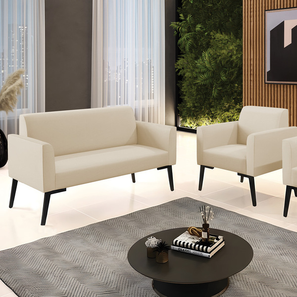 Sofá Namoradeira E Poltrona Marisa Pé Villach Preto Sintético