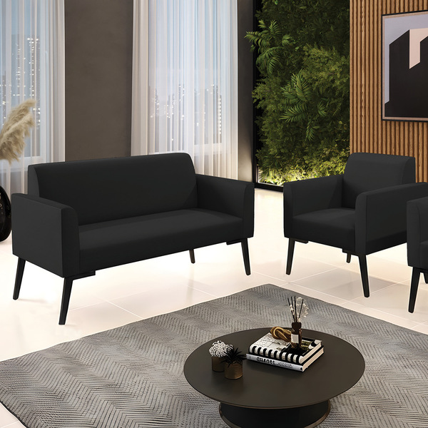 Sofá Namoradeira E Poltrona Marisa Pé Villach Preto Sintético