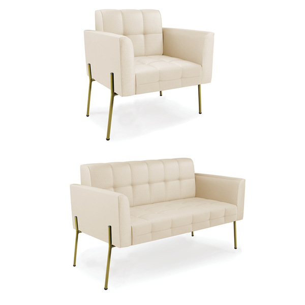 Sofá Namoradeira E Poltrona Pé De Ferro Dourado Elisa Corino