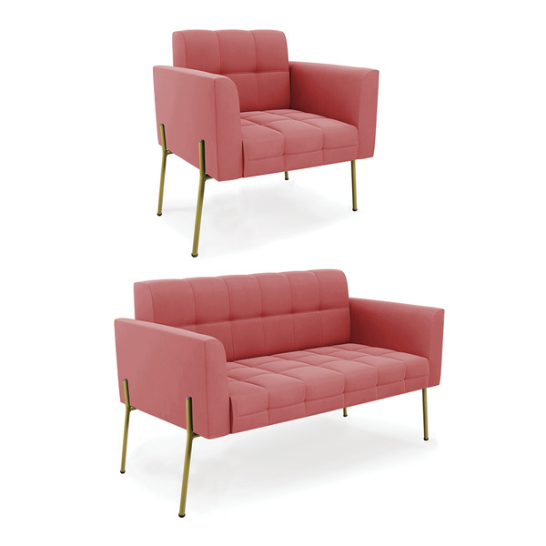 Sofá Namoradeira E Poltrona Pé De Ferro Dourado Elisa Suede D