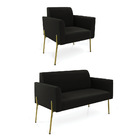 Sofá Namoradeira E Poltrona Pé De Ferro Dourado Marisa Suede